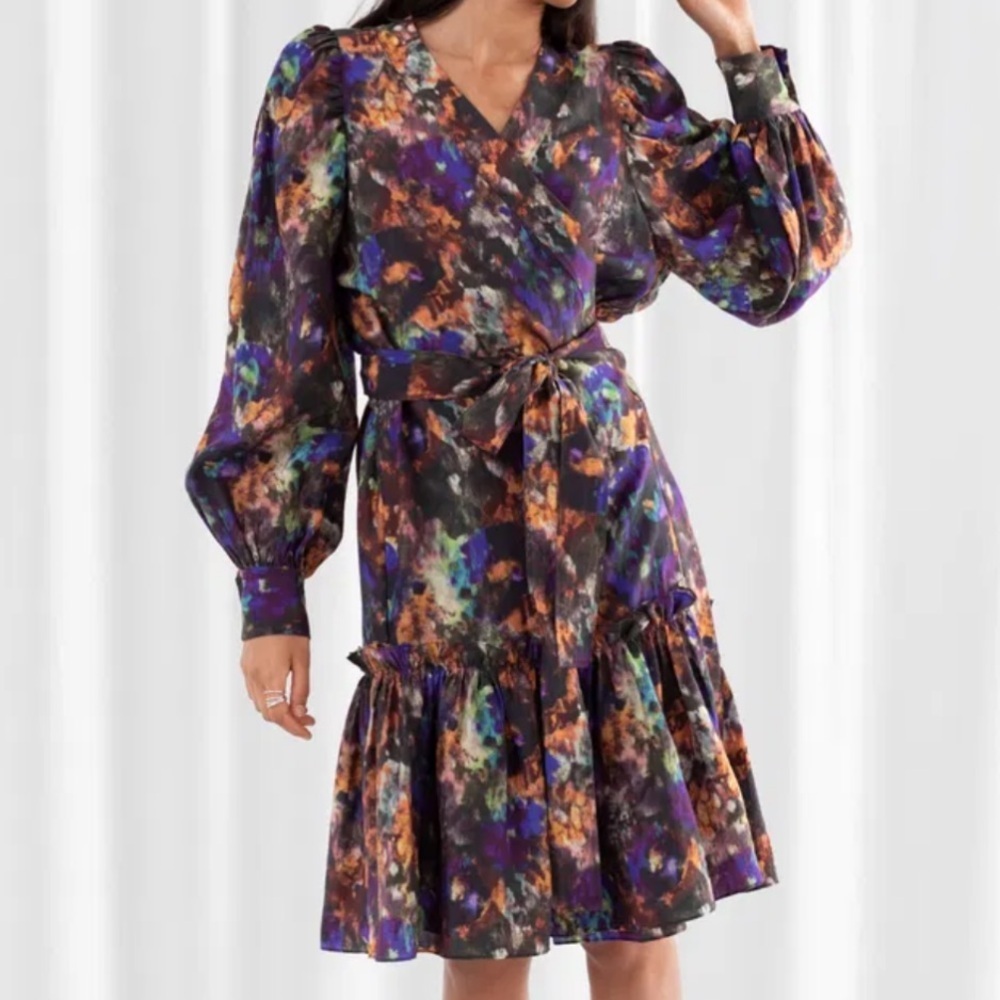 & Other Stories Watercolor Ruffle Midi Wrap Dress Womens‎ Size 4 Boho